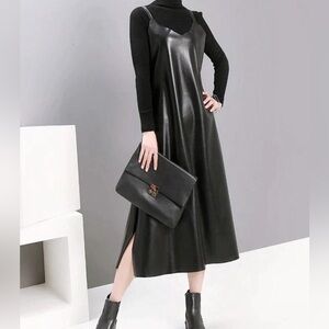 Marigold Shadows Bakaitis Vegan Leather Spaghetti Dress OS